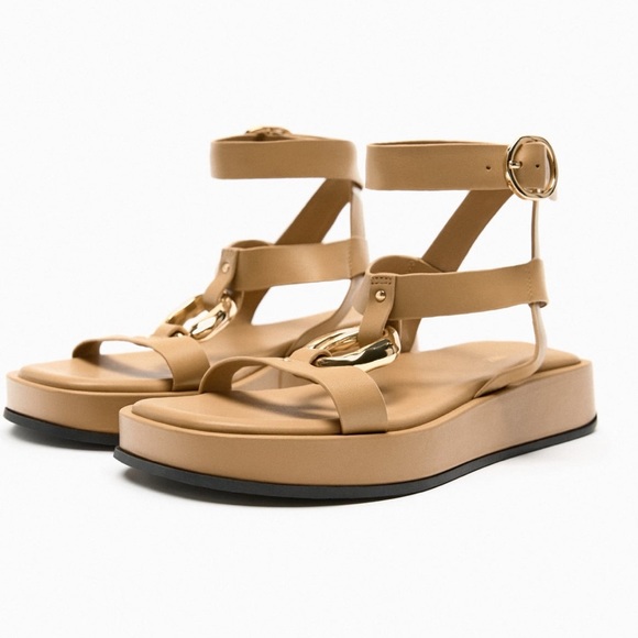 Zara BEIGE FLATFORM LEATHER SANDALS size 8 - Picture 3 of 11